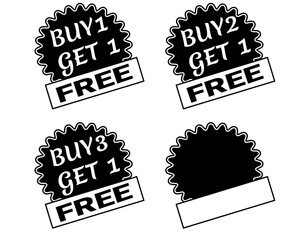 Buy 1 Get 1 Free or Buy 2 Get 1 Free or Buy 3 Get 1 Free - different discount tag with one blank template. Isolated vector illustration EPS 10 file.