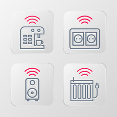 Sticker - Set line Smart heating radiator, stereo speaker, electrical outlet and coffee machine icon. Vector