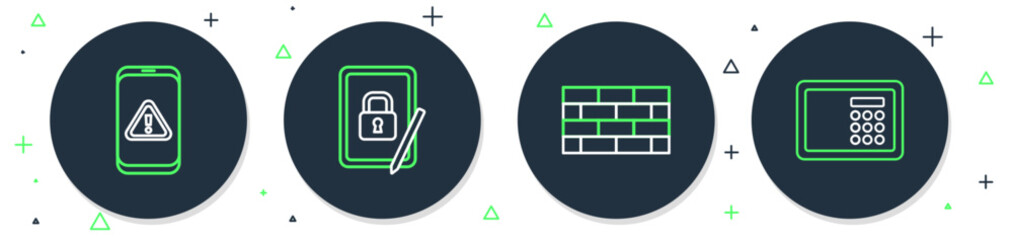 Poster - Set line Tablet with closed padlock, Firewall, security wall, Mobile exclamation mark and Safe icon. Vector