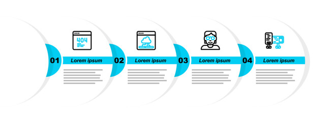 Set line Computer monitor screen, Hacker coder, Cloud technology data transfer and Page with 404 error icon. Vector