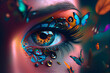 Color art eye makeup creative closeup with butterflies, bright colors, stylish concept, beauty. Generative AI