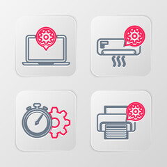 Sticker - Set line Printer setting, Time management, Air conditioner and Laptop icon. Vector