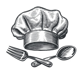 Chef hat with spoon and fork. Design for restaurant or diner menu. Hand drawn vintage sketch vector illustration