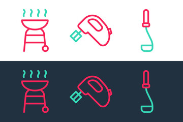 Sticker - Set line Kitchen ladle, Barbecue grill and Electric mixer icon. Vector