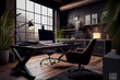 © VICHIZH - Office interior in a loft style in dark colors using wood, a computer with a workplace, a designer space. Generative AI