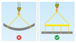 Workplace do and do not safety practice illustration. Improper lifting method. Lifting beams convert lifting loads into bending forces. Unsafe behavior safety and condition.