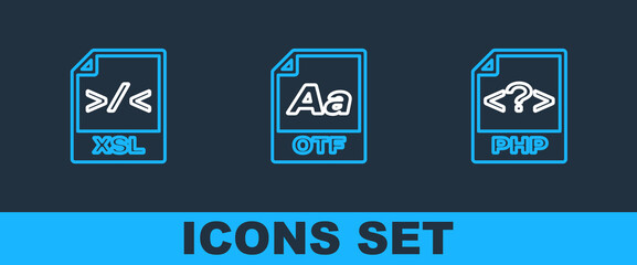 Set line PHP file document, XSL and OTF icon. Vector