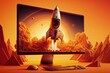 © Deivison - Rocket on computer monitor screen, startup concept, orange background. Generative AI