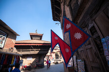 Nepal Flag In Bhaktapur Durbar Square, Nepal