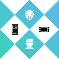 Sticker - Set Create account screen, Virtual reality glasses, Mask of the devil with horns and Portable video game console icon. Vector