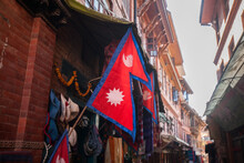 Nepal Flag In Bhaktapur Durbar Square, Nepal