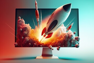 Rocket on computer monitor screen, startup concept, gradient background. Generative AI