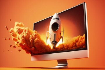 Rocket on computer monitor screen, startup concept, orange background. Generative AI