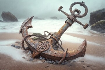 Wall Mural - Old and rusty anchor of a pirate ship on the beach of an island, sea in the background. Generative AI