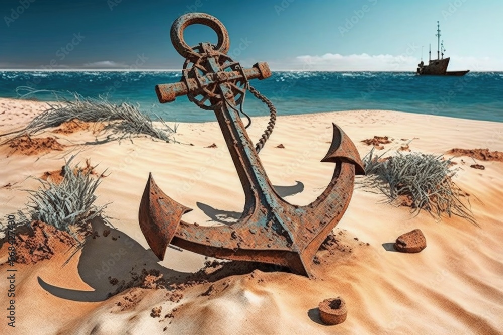 Old and rusty anchor of a pirate ship on the beach of an island, sea in ...