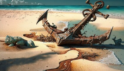 Wall Mural - Old and rusty anchor of a pirate ship on the beach of an island, sea in the background. Generative AI