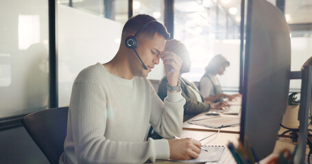 Canvas Print - Man tired at call center, burnout and vision problem, focus fail and employee fatigue at customer service job. Contact us, CRM mistake and exhausted with headache and worker desk for customer care.