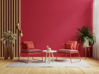 Viva magenta wall background mockup with two armchair furniture and decor accessories.