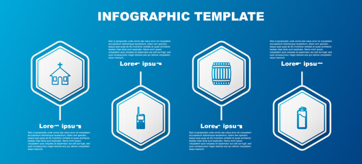 Wall Mural - Set line Church building, Walkie talkie, Wooden barrel and Sport bottle with water. Business infographic template. Vector