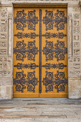 Poster - Fragments of the facade of Basilica of Saint-Denis (Basilique royale de Saint-Denis, from 1144) - former medieval abbey church in city of Saint-Denis, a northern suburb of Paris. France.