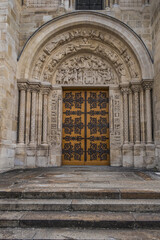 Poster - Fragments of the facade of Basilica of Saint-Denis (Basilique royale de Saint-Denis, from 1144) - former medieval abbey church in city of Saint-Denis, a northern suburb of Paris. France.