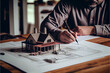 © PaulShlykov - Close up of male architect hands making model house. Man architect working in the office.
