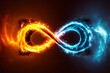 The fusion of fire and water in the form of an infinity sign on a dark background. The concept of contrast, warm and cold. Generative AI technology.