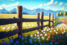 Wide Angle Shot Of A Wooden Fence With A Beautiful Meadow Covered In Wildflowers And A Blue Sky In The Background. Generative AI