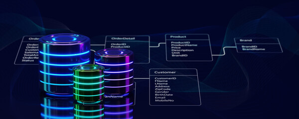 Multiple databases are placed on Relational database tables. Concept of database server, SQL, data storage, database diagram design, Datacenter, Web hosting. 3D rendering.
