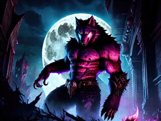 Wall Mural - A savage werewolf  stands under a full moon. 