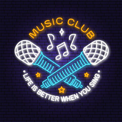 Poster - Music club neon poster, banner. Neon sign, emblem, bright signboard, light banner with microphone. Vector illustration. Equipment for listening and recording sound. Advertising bright neon for night