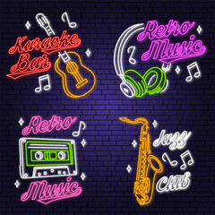 Poster - Retro music neon poster, banner. Neon sign, emblem, bright signboard, light banner with retro headphones, saxophone, audio cassette, classical acoustic guitar. Vector illustration. Advertising bright