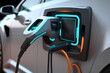 © ako-photography - EV vehicle electric hybrid car power charging station with display futuristic UI. Generative AI