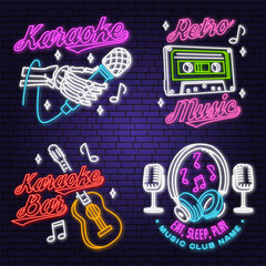 Wall Mural - Retro music neon poster, banner. Neon sign, emblem, bright signboard, light banner with retro headphones, saxophone, audio cassette, classical acoustic guitar. Vector illustration. Advertising bright.