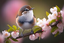Close Up Cute Sparrow Bird In Warm Spring Time On Cherry Blossom Tree Branch, Idea For Romantic Lovely Animal Background, Generative Ai