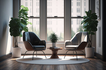 waiting room of an empty office, two armchairs, coffee table with magazines, potted plants, window and natural light, Generative IA