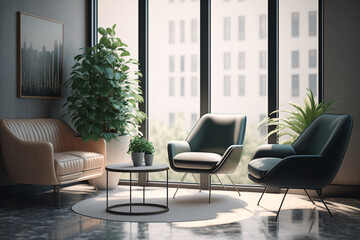 waiting room of an empty office, two armchairs, coffee table with magazines, potted plants, window and natural light, Generative IA