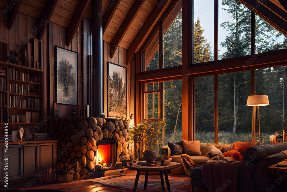 Chalet cozy interior and fireplace modern cottage living room decor