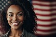 © Roman - Smiling  successful woman with USA flag back ground black history month or women history month celebration generative ai