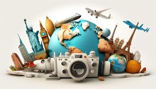 Illustration Of Earth With Building And Camera, Landmark Place To Visit, Idea For Global Travel Tourism, Generative Ai