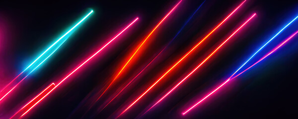 Wall Mural - Laser rays. Neon light. Futuristic illumination. Blur bright fluorescent blue red pink color glowing lines trail on dark black illustration abstract background.