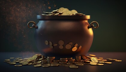 Wall Mural - pot or cauldron full of ingot gold and golden coins inside idea for money saving , wealth and prosperity, Generative Ai	
