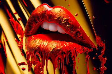  Red lips with gold liquid. Generative AI