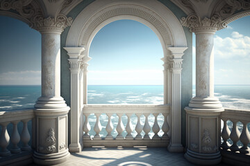 a view of the sea from the balcony arch. wide angle. Generative AI