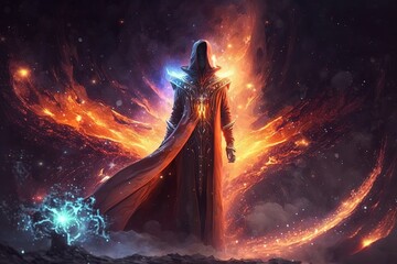 Wall Mural - fantasy fiction character design, a man wearing purple cloak with powerful energy emerge around, flame wing,  Generative Ai