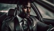 © Roman - Successful black man in a business suit sitting in luxurious leather car interior generative ai