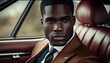 © Roman - Successful black man in a business suit sitting in luxurious leather car interior generative ai