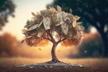 Wall Mural - illustration of a bonsai tree with banknote leaves, idea for wealth and prosperity background wallpaper, Generative Ai