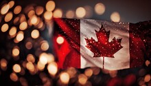 Canada National Flag Flew In Wind With Bokeh Light, Idea For National Federal Holiday Celebration Theme Background Wallpaper, Generative