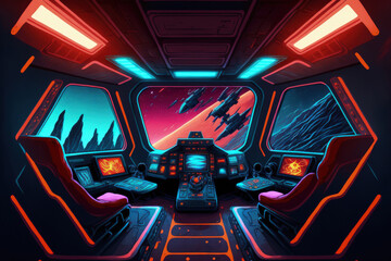 Sticker - Interior of a dark spaceship with blazing red and blue lights. futuristic spacecraft with a huge window and control consoles for viewing planets in space. Generative AI